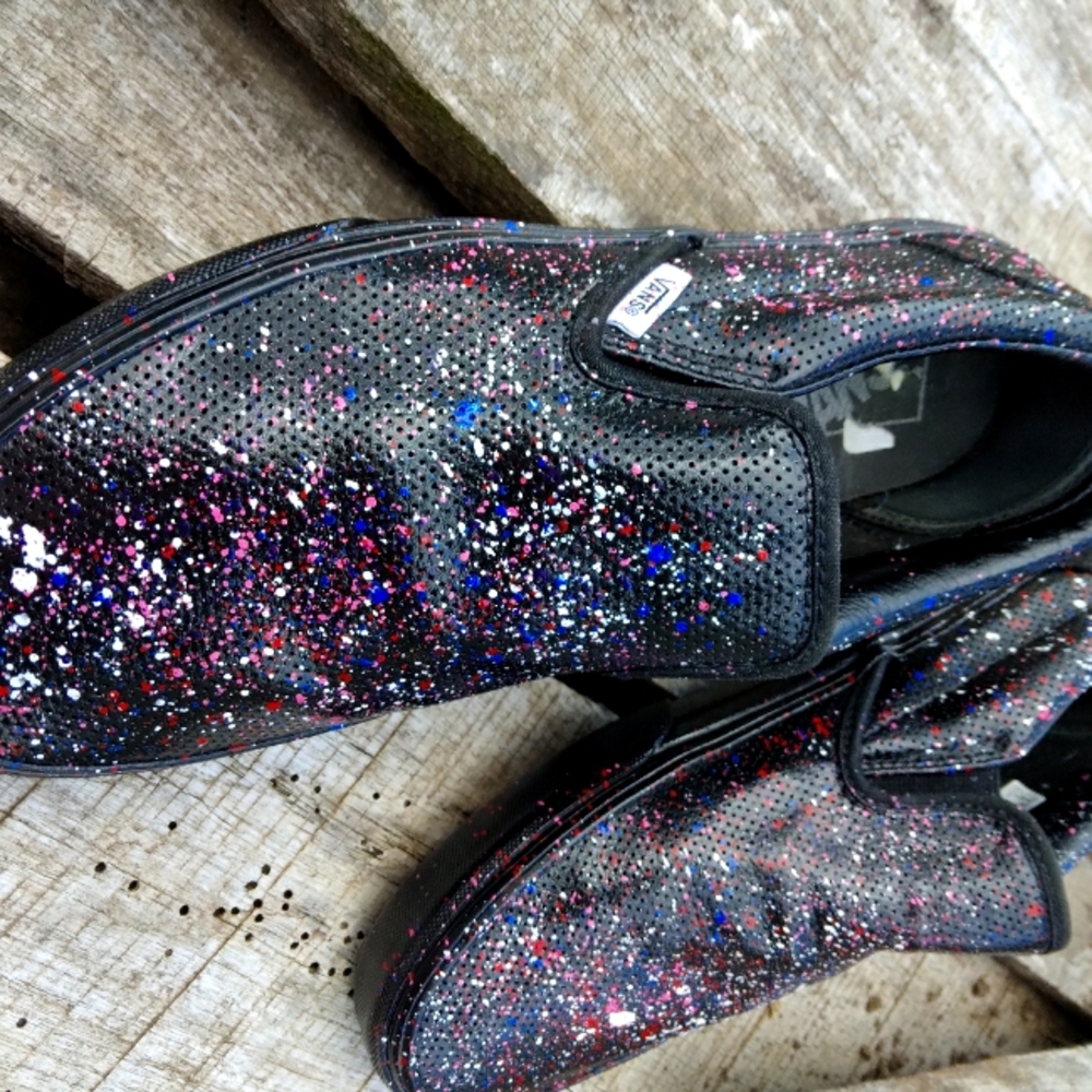 Custom paint splattered black vans